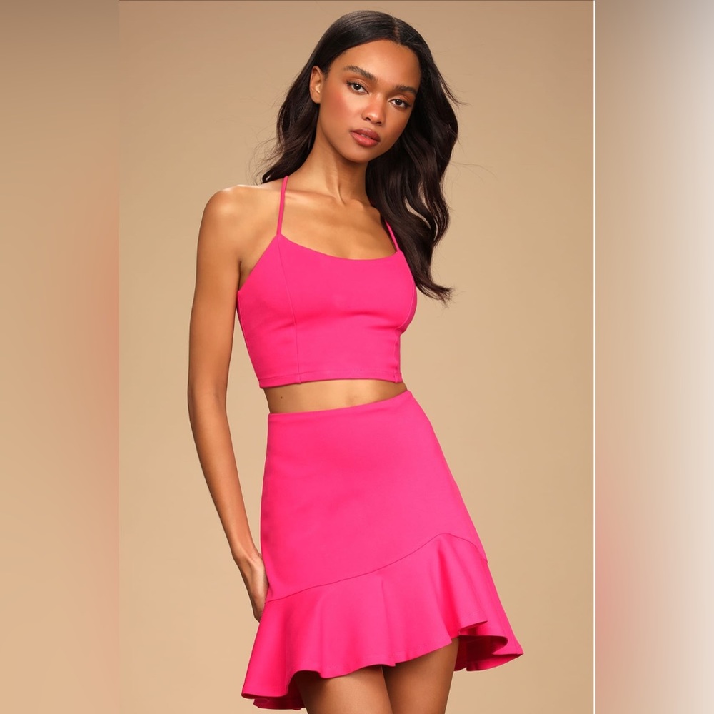 Lulu’s Catch My Eye Hot Pink Two-Piece Lace-Up Mini Dress, Size M